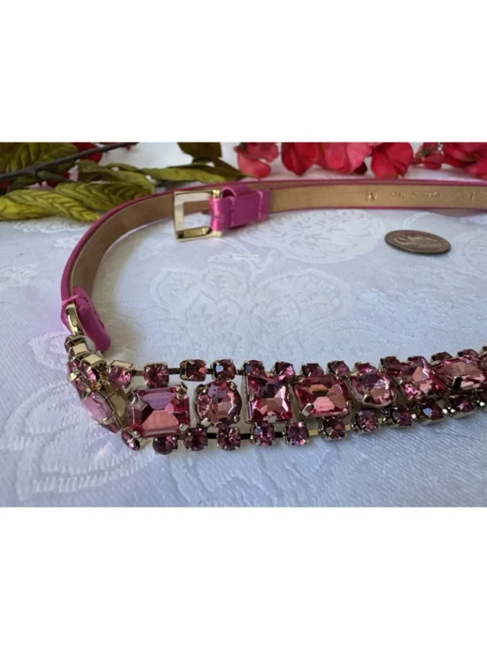 MAX MARA ITALY Thin Pink Crystal Satin Leather Belt M Medium 29-31